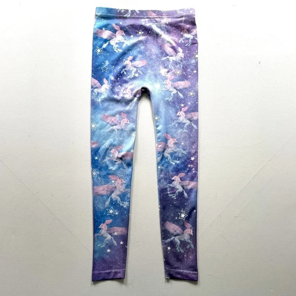 Capelli Girls M/L Blue Purple Unicorn Pegasus Fantasy Print Stretch Leggings Fit
